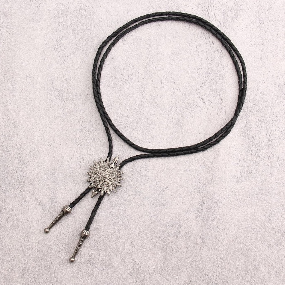 Black Braided Necklace with Silver Sunburst Pendant